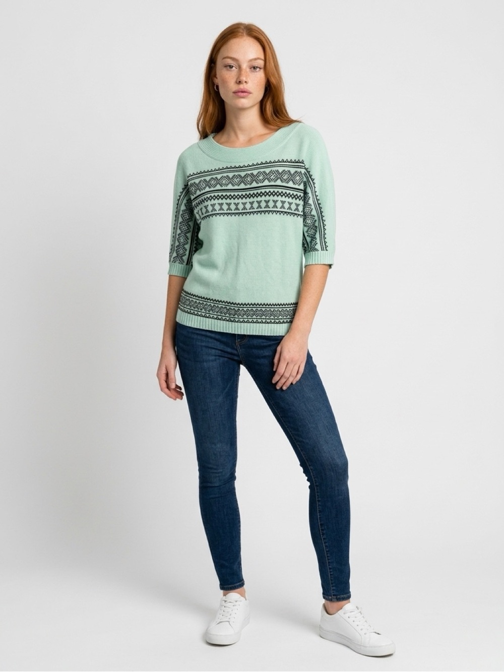 New York & Company Mint Green Crewneck Sweater with Black Pattern